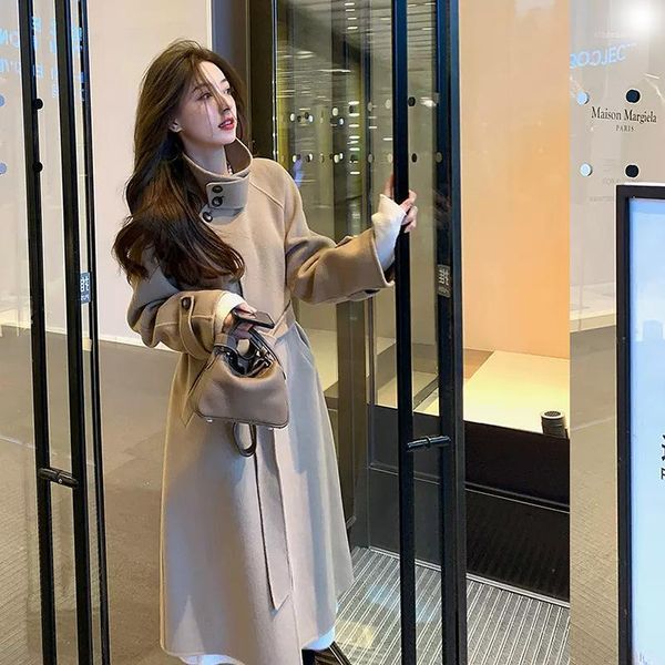 

men's wool & blends 2021 the double coat female temperament with collect waist loose cloth in winter long1, Black
