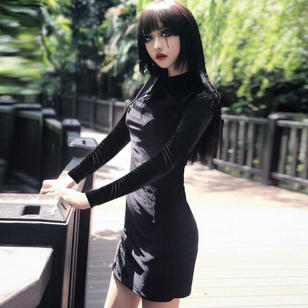 

women bodycon dress gothic harajuku black mini party dress chinese cheongsam long sleeve vintage lady dress autumn, Black;gray