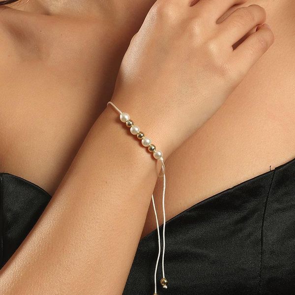 

charm bracelets simple trendy female gold color plastic beads white simulated pearl beaded for women girls gifts jewelry, Golden;silver