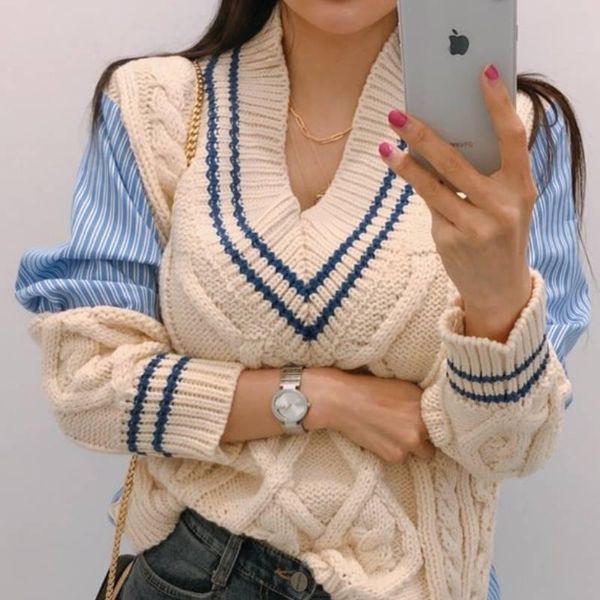 

2021 winter spring women's sweaters patchwork srtiped v-neck pullover stylish knitted korean female jumpers, White;black
