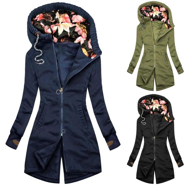 

women's hoodies & sweatshirts autumn winter women long sleeve coat zip irregular floral print hood jacket wholesales, Black