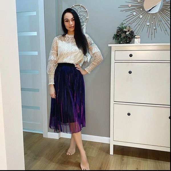 

fall winter high waist slim womens skirt retro gradient reflective mesh pleated, Black