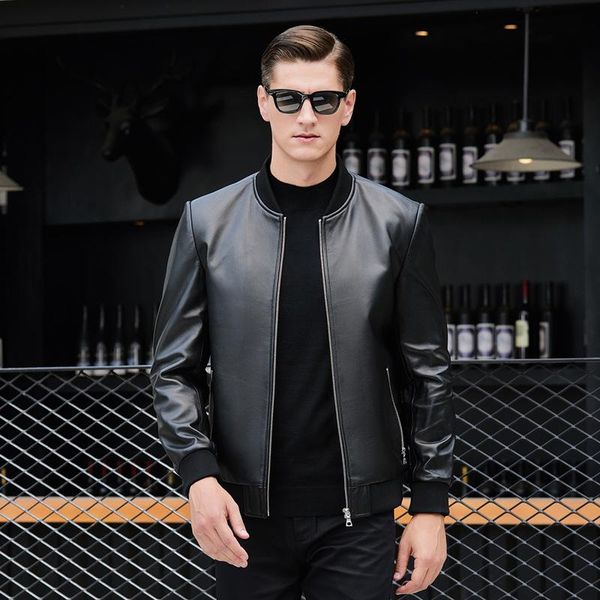 

men's leather & faux haining coat man middle aged autumn winter casual sheep skin thin motorcycle suit, Black