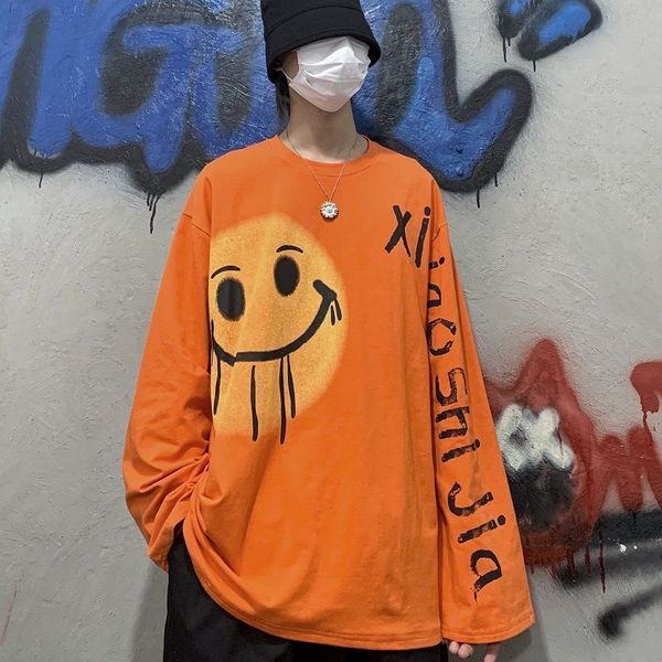 

new 2021 orange korean harajuku oversized shirts fashion tee streetwear japan high street men raiow sleeve smile print t shirt hy03, White;black