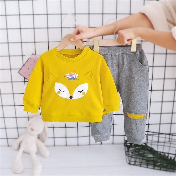 

autumn childrens clothing suit baby girl clothes boy round neck fox pattern stylish cute trousers, White