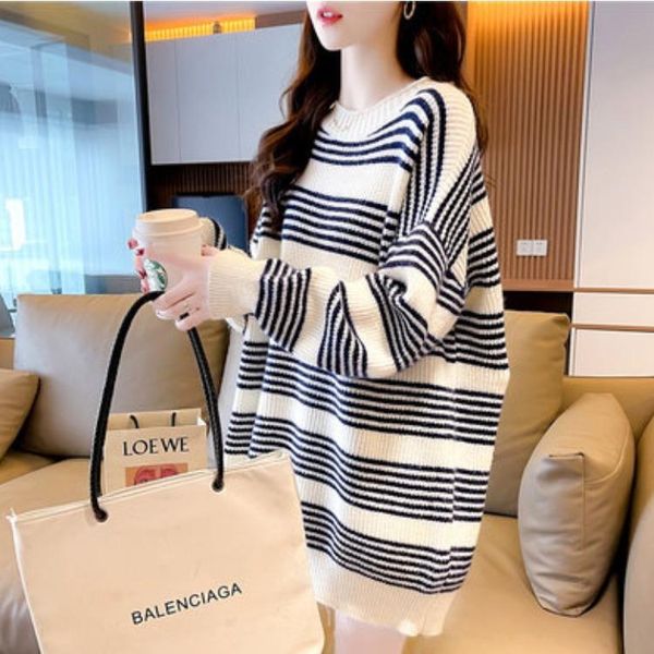 

women's blouses & shirts sweater autumn and winter style stripe hit color retro y2k mid-length women wild niche knitted top, White