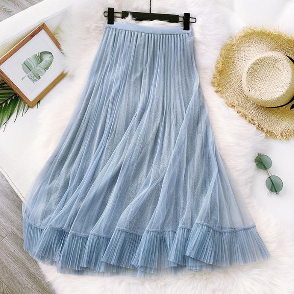 

skirts spring a line women skirt wf0040 elastic high waist long pretty ladies ruffles tulle pink blue black