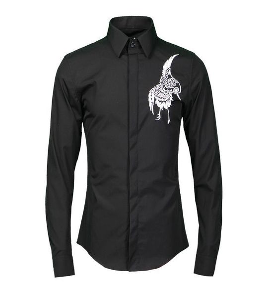 

men's casual shirts men luxury embroidery bird long sleeve mens dress plus size 4xl fashion cotton man, White;black