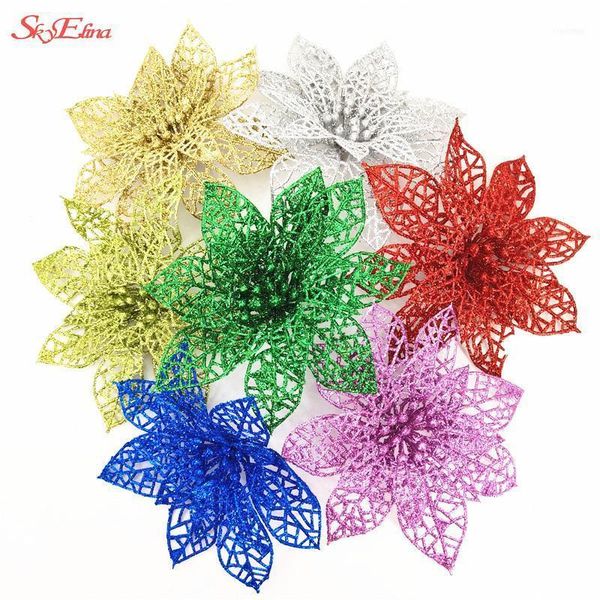 

christmas decorations 10pcs/set flowers xmas tree glitter hollow wedding party decor gold/silver/red/green/blue 8z1