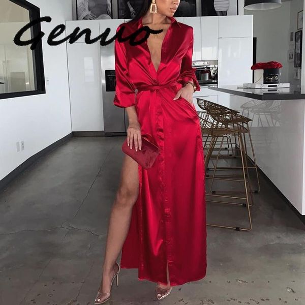 

casual dresses genuo deep v-neck satin party club dress women burgundy lapel long sleeve high split bodycon elegant evening vestidos, Black;gray