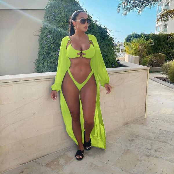 

fluorescence green summer outfits 3 women tracksuits piece matching sets bandage bra low waist shorts long sleeve cardigan beach, Gray
