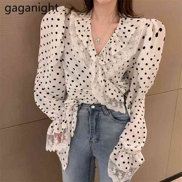 

vintage polka dot chiffon blouse women puff long sleeve v neck crop elegant office ladies lace shirt female blusas 210601, White