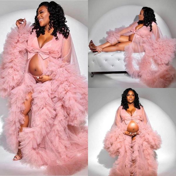 Pink Ruffles Maternità Plus Size Abiti da ballo 2021 Sexy manica lunga Vedere attraverso Tulle Donne incinte Abiti formali per servizio fotografico AL8793