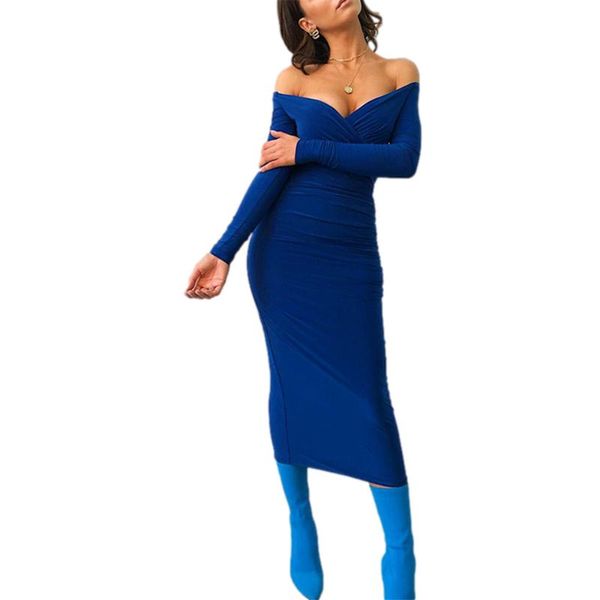 

casual dresses douhoow fall women long sleeve dress fashion female solid color boat neck mid-length ladies off shoulder skinny, Black;gray