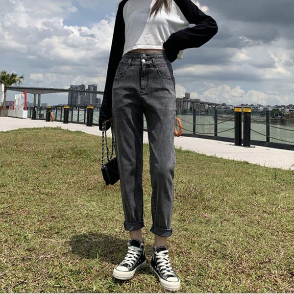 

women's jeans vintage y2k high waist straight pant for women streetwear loose female denim buttons ladies trouser pantalon femme, Blue