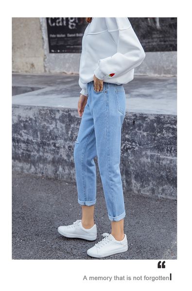 

casual mode vrouw hoge taille thin vrouw-sized denim jeans zwart 2021 lens boyfriend nieuwe blauw koop tofu, Blue