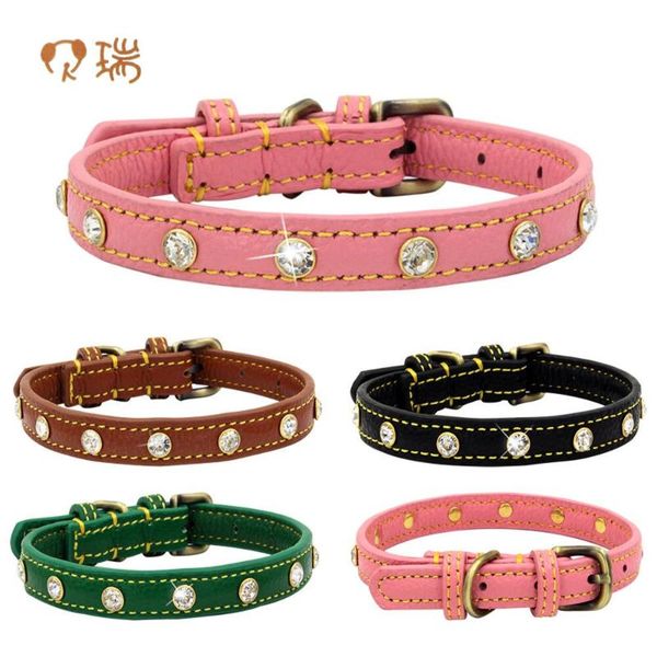 

new leather rhinestones pet collar litchi grain cowhide diamond dog collar small and medium-sized dogs