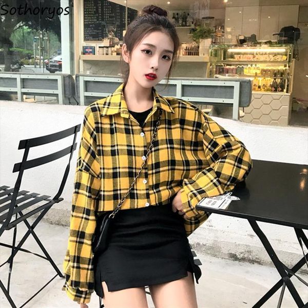 

oversize single breasted plaid women shirts lantern sleeve loose trendy retro korean bf shirt all match leisure blouses, White