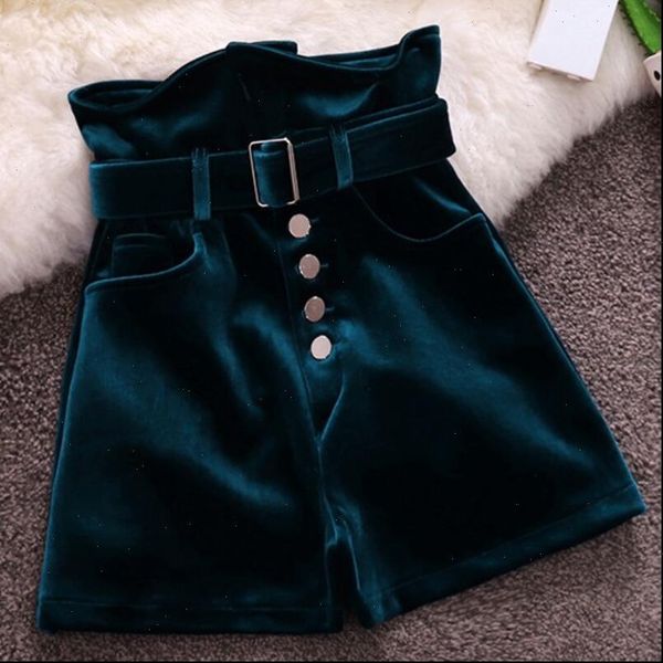 

fashion velvet shorts women autumn winter single breasted high waist wide leg shorts drop shipping good quality, White;black