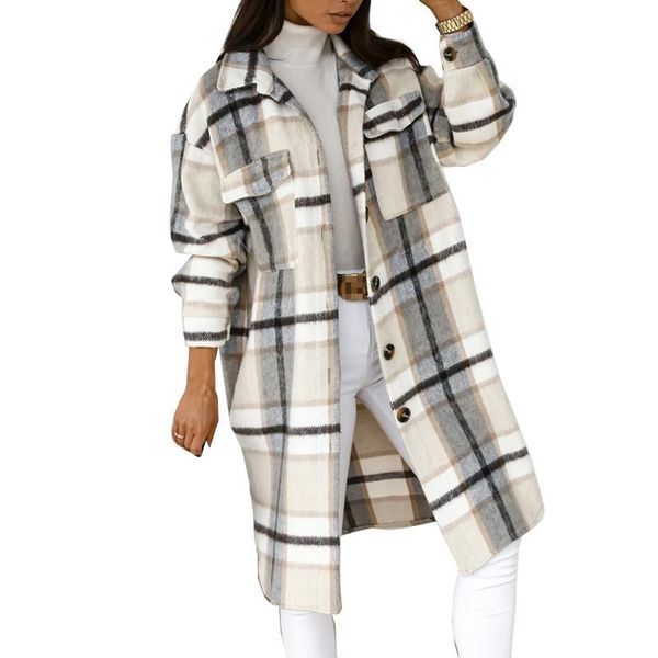 

women's wool & blends plus size casual loose plaid print women winter long sleeve woolen coat ladies buttons pockets turn-down collar o, Black