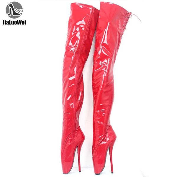 

boots women over the knee ballet 18cm super high heel pu leather zip back laces thigh long custom made, Black