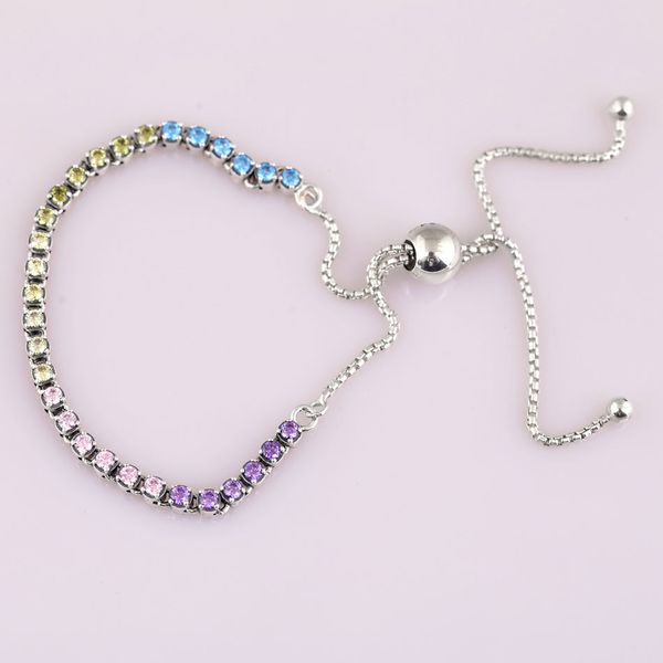 

authentic 925 sterling silver rainbow tennis sparkling strand adjust pandora bracelet bangle fit bead charm diy jewelry, Black