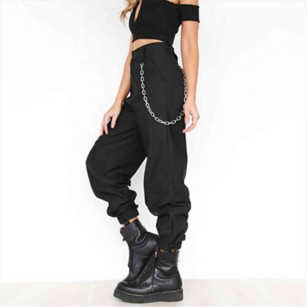 

s 3xl plus size casual women pant high waist cargo loose solid black khaki trousers pockets elastic bottoms, Black;white