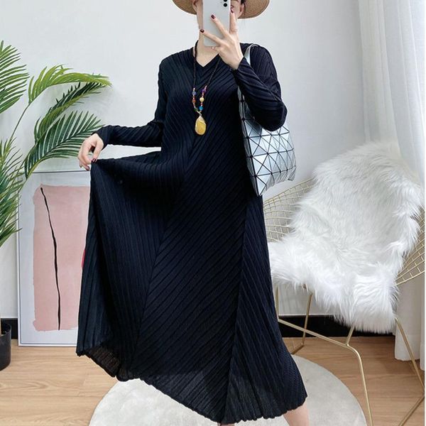 

casual dresses 2021 women spring summer long plus size office party lady elegant pleated dress fashion e160, Black;gray