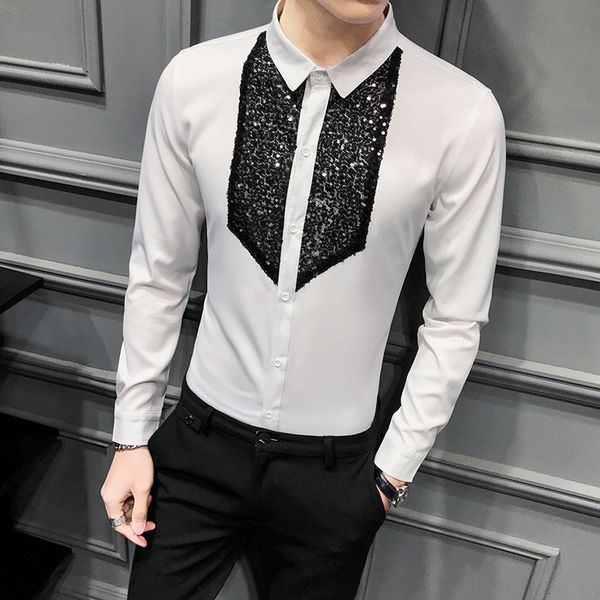 

chic male fashions 2021 front sequins decoration tuxedo long sleeve shirt simple streetwear thin casual fit homme blouse h4s4, White;black