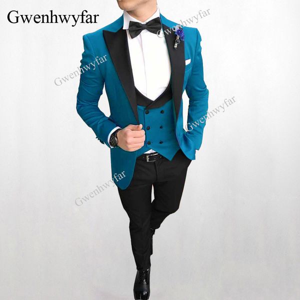 

2018 men double breasted vest suits peacock blue wedding groom tuxedo for men suits prom man wear blazer 3 piece, Black