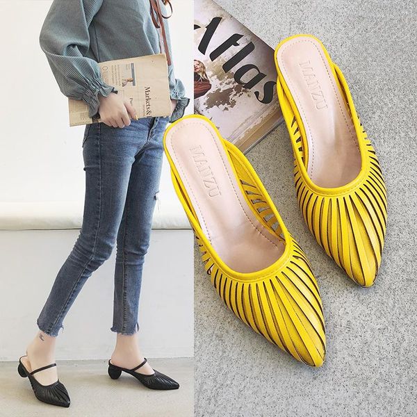 

slippers women summer shoes med fretwork heels pantofle slides 2021 pu floral basic fabric rubber hoof, Black