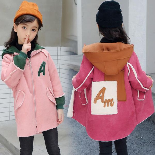 

coat ins girls woolen 3-11 years old kids velvet thickening warm trench chidlren's overcoat autumn and winter hooded, Blue;gray