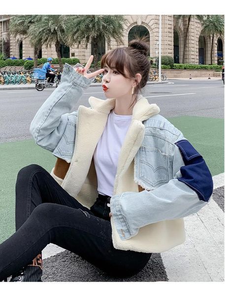 

women's jackets women fleece thicker design patchwork color cashmere coat 2021 fashion loose jacket streetwear outfit, Black;brown