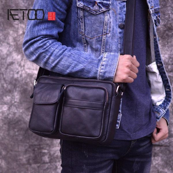 

HBP AETOO Famous Brand Genuine Leather Men Bags Casual Business Travel Mens Messenger Bag Vintage Men's Crossbody Bags Bolsas Male, Black