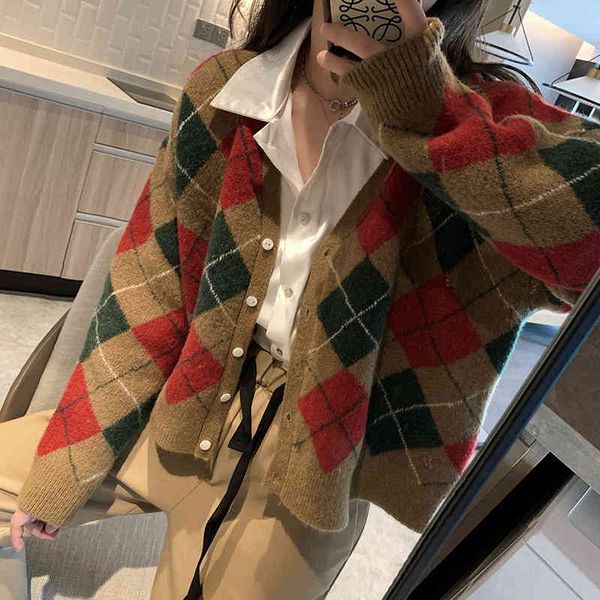 

women's sweaters diamond retro check women's knitted shirt fashion color cardigan woman's sweater autumn with long-sleeve cle, White;black
