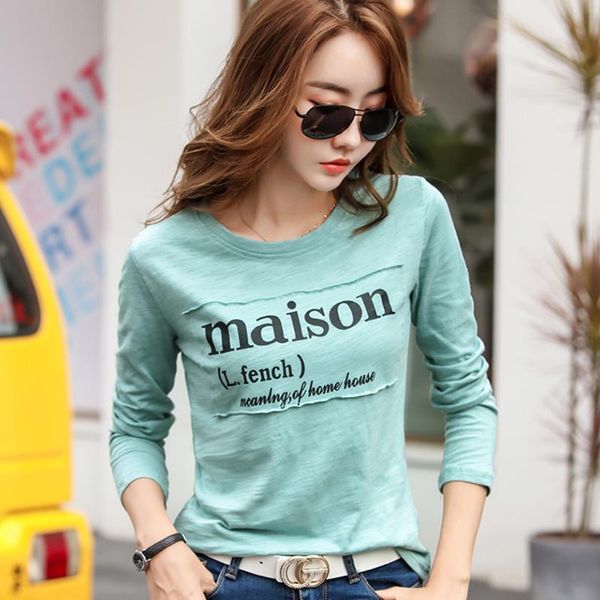 

camisas mujer 2021 spring t shirt women long sleeve letter print woman clothes korean tshirt cotton fashion t-shirt femme, White