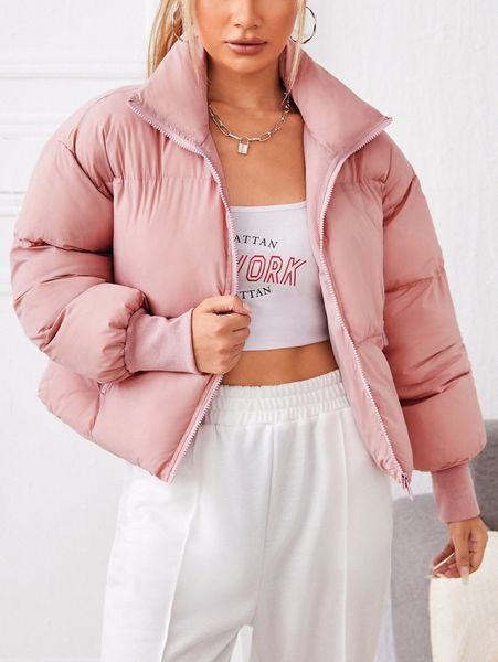 

solid slant pocket zip up puffer winter coat e8jc#, Black