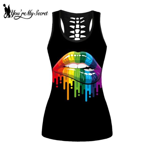 

women's tanks & camis [you're my secret] arrival black streetwear vest for women multicolor lips gothic tank girls hollow sleevel, White