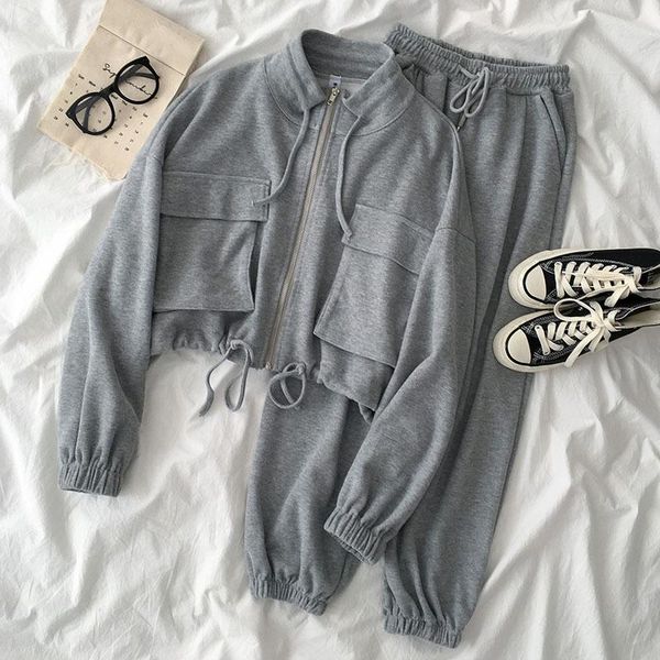 

women's two piece pants fall 2021 sportswear stand-up collar drawstring loose sweater casual thin fashion suit two-piece, White