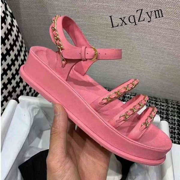 

real leather metal chain decor thick bottom designer shoe summer woman heel flat sandals beach chaussures female, Black