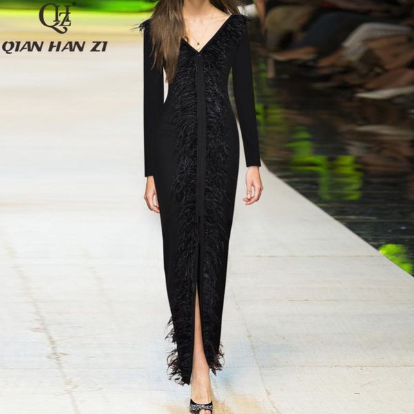 

casual dresses qian han zi runway maxi dress women's v-neck black feather bodycon long vestidos de fiesta noche, Black;gray