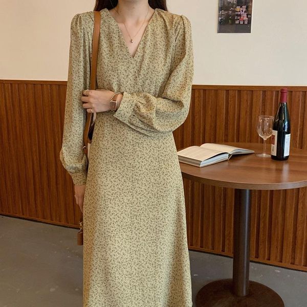 

alien kitty 2021 new floral printing french women elegance full-sleeved retro sweet chic office lady vintage all-match dresses, Black;gray