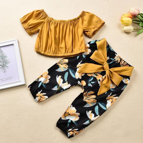 

born baby girl clothes sets toddler girls summer off shoulder ruched solid floral bow pants outfits set clothing, White