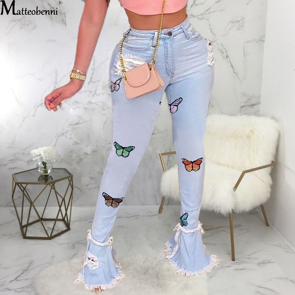 

2021 new butterfly embroidery denim flare pants women high waist ny wide leg trousers ladies casual bell bottom jeans plus size 6ec2, Blue