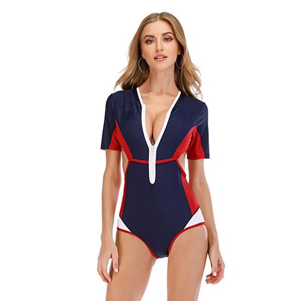 

short sleeve swimwear one piece swimsuit women zipper swimming monokini bodysuits lady patchwork color swim wear bathing suits