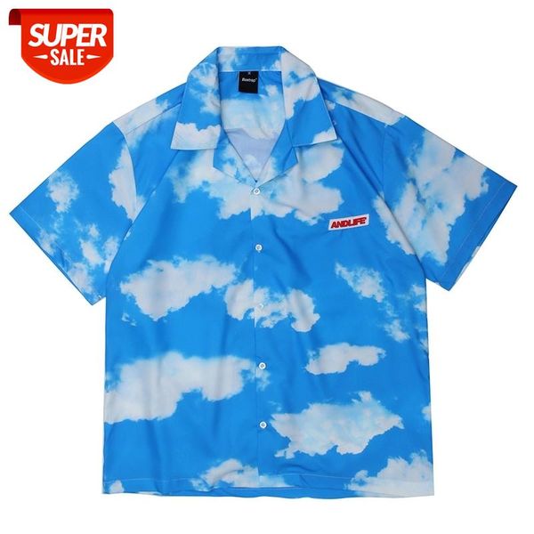 

blue sky and white clouds summer shirts mens and womens short sleeve oversize casual hawaiian shirt harajuku loose #z98s, White;black