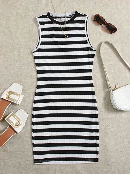 

striped pattern rib-knit bodycon dress r9ux#, Black;gray