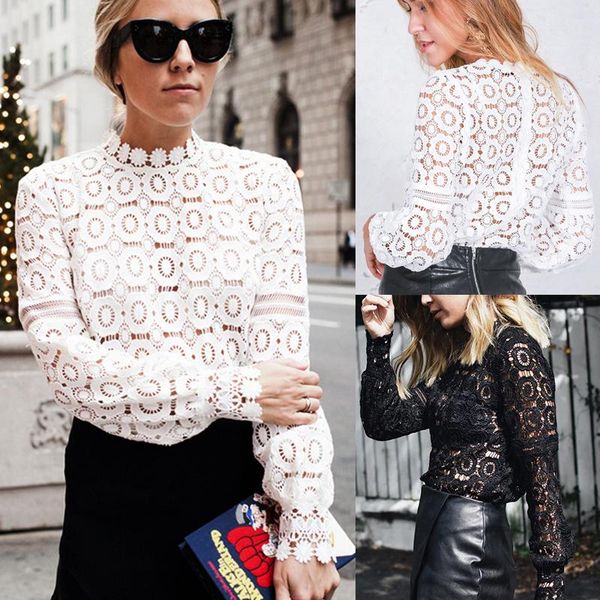 

women's blouses & shirts summer fashion simple elegant solid lace blouse long sleeves hollow out design breathable shirts., White