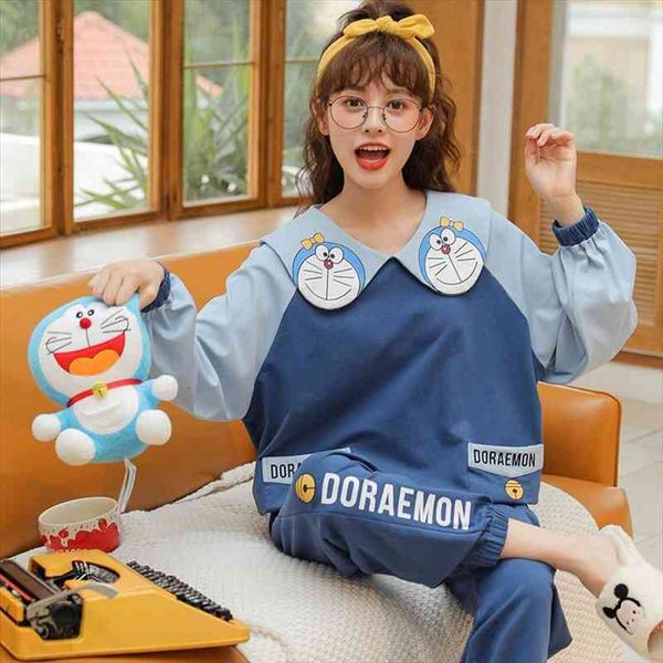 

japanese kawaii doll collar womens sleepwears doraemon cartoon print pajamas set blue cotton long sleeve patchwork plus size loose nightwear, Black;red