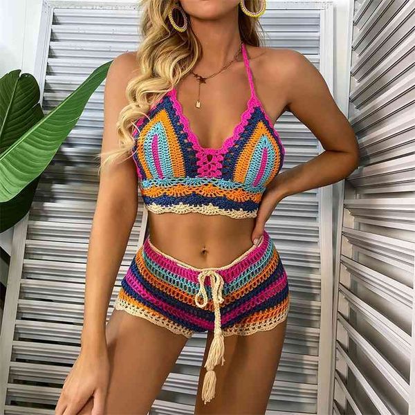 Tığ Bikini Setleri Çok Renkli Örme Gökkuşağı Çizgili Kapalı Omuz Üst + Alt Beachwear Mayo Kadın Mayo 210625